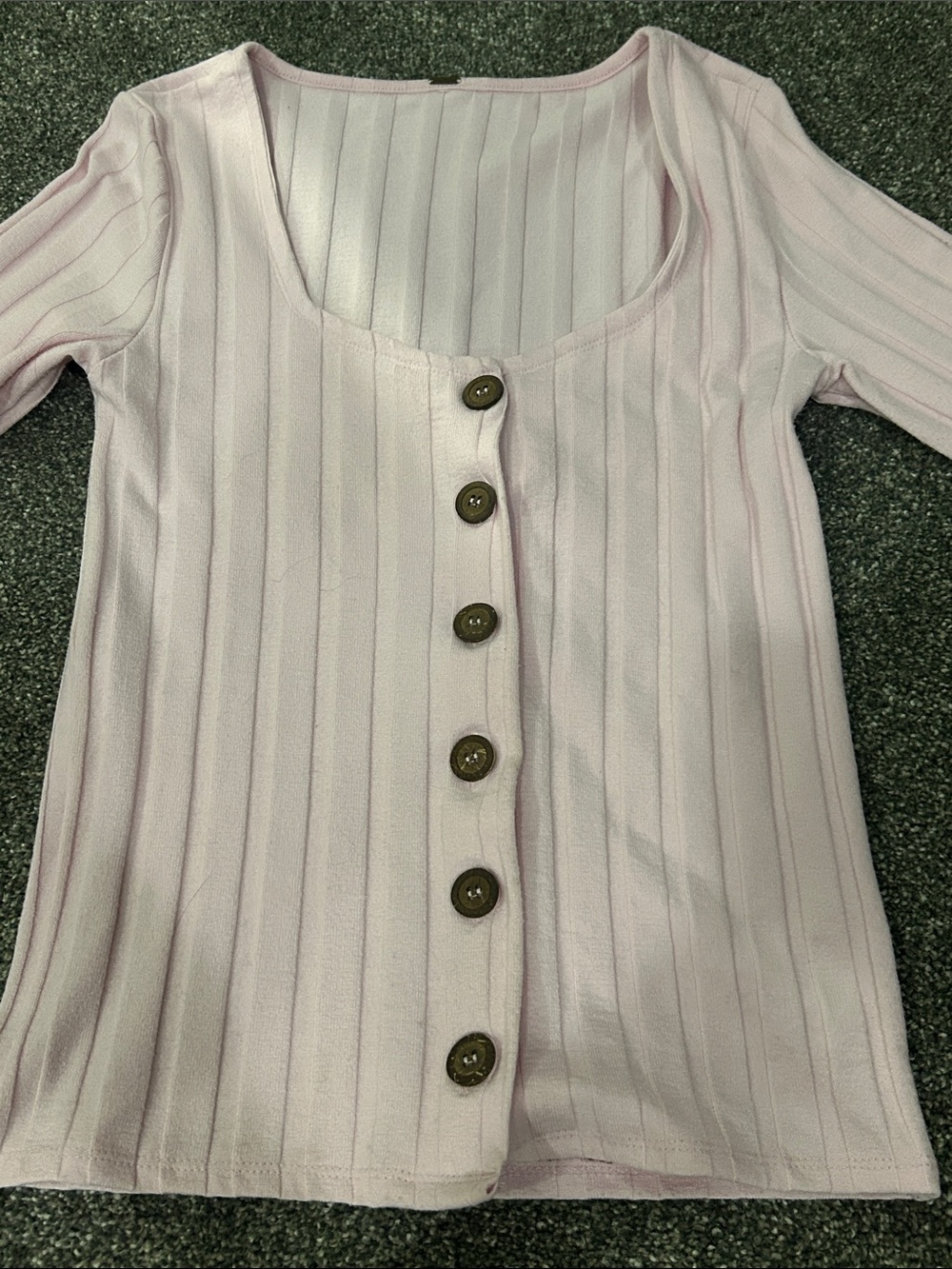 Free People Light Pink Ribbed Button-Front Long Sleeve Top